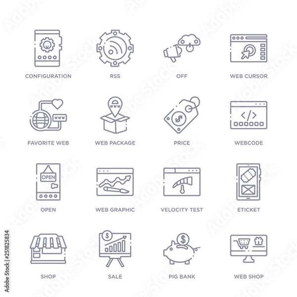 Fototapeta set of 16 thin linear icons such as web shop, pig bank, sale, shop, eticket, velocity test, web graphic from marketing collection on white background, outline sign icons or symbols