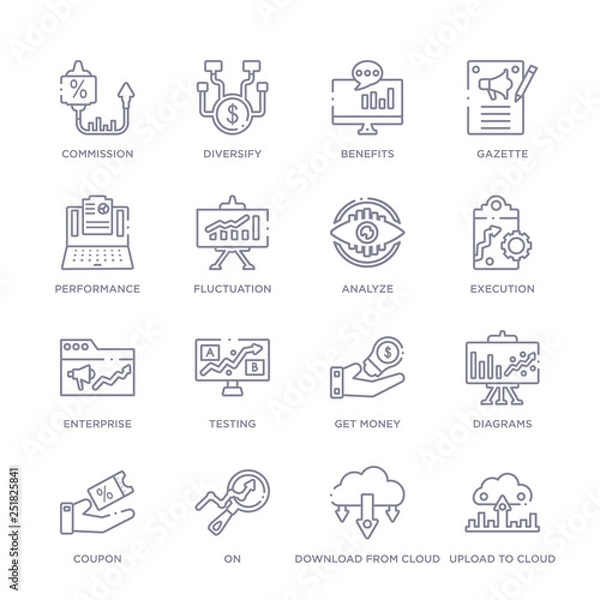 Fototapeta set of 16 thin linear icons such as upload to cloud, download from cloud, on, coupon, diagrams, get money, testing from marketing collection on white background, outline sign icons or symbols