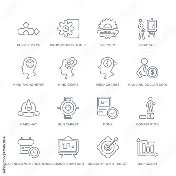 Fototapeta set of 16 thin linear icons such as bar graph, bullseye with target, businessman and tactics, calendar with deadlines, competition, done, gun target from productivity collection on white background,