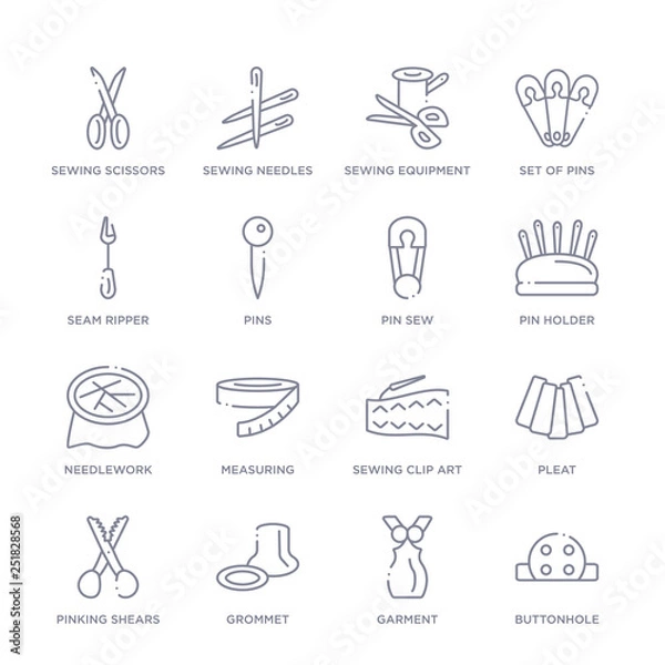 Fototapeta set of 16 thin linear icons such as buttonhole, garment, grommet, pinking shears, pleat, sewing clip art, measuring from sew collection on white background, outline sign icons or symbols