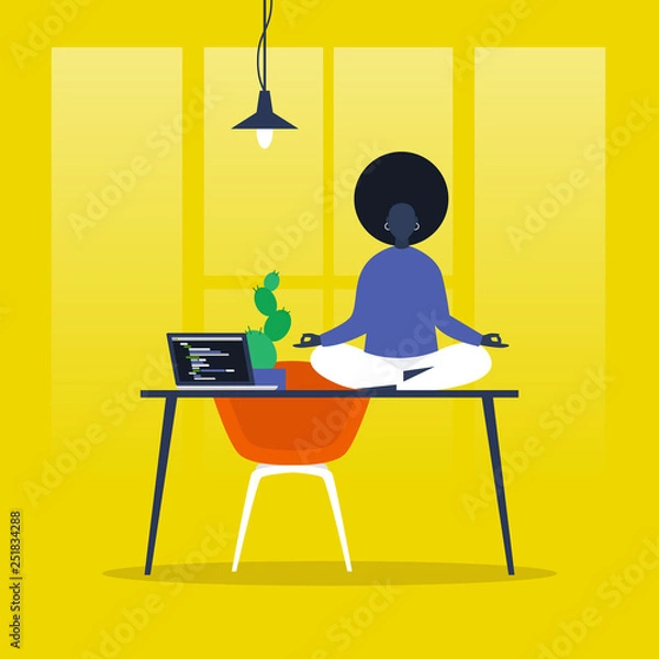 Fototapeta Meditation. Yoga at the office. Harmony and relaxation. Calm black female character sitting in a lotus pose on a desk. Flat editable vector illustration, clip art. Modern healthy lifestyle