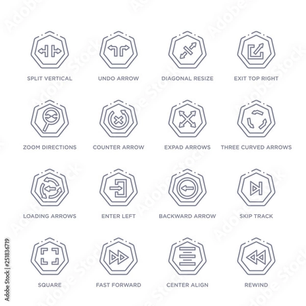 Fototapeta set of 16 thin linear icons such as rewind, center align, fast forward, square, skip track, backward arrow, enter left from arrows collection on white background, outline sign icons or symbols