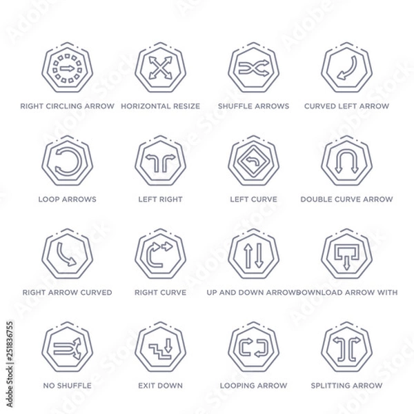 Obraz set of 16 thin linear icons such as splitting arrow, looping arrow, exit down, no shuffle, download arrow with line, up and down arrows, right curve from arrows collection on white background,