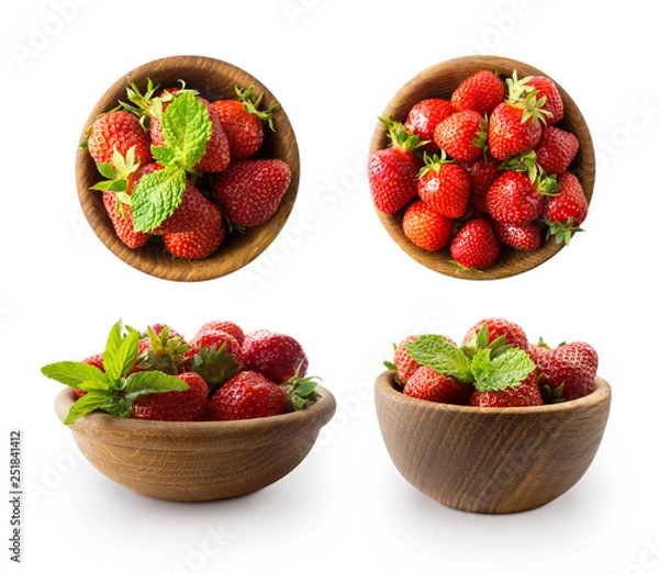 Fototapeta Bowls with strawberries isolated on white background. Ripe strawberries close-up. Sweet and juicy berry with copy space for text. Strawberries on white background. Various fresh summer berries.