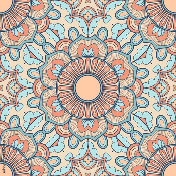 Fototapeta Decorative colorful ethnic seamless pattern for fabric or wrapping in oriental style. Hand drawn illustration