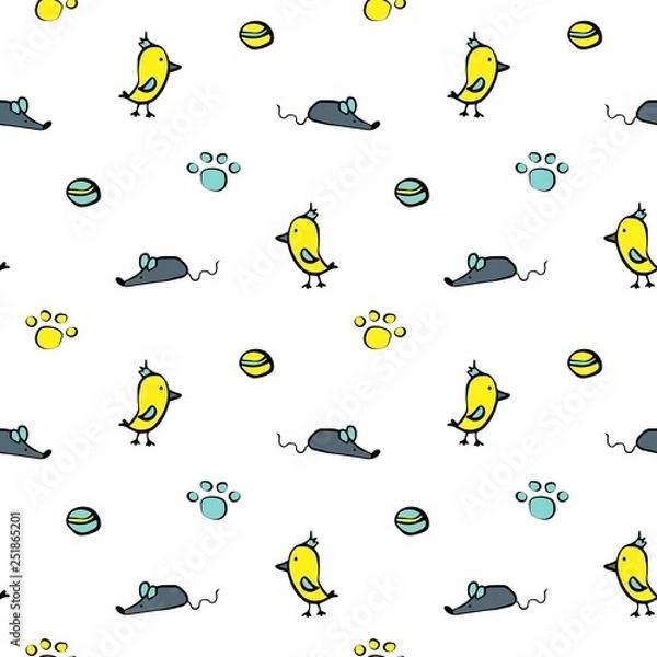 Fototapeta Simple hand drawn seamless pattern with cat paws, birds and mouses. Vector illustration.