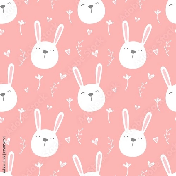Fototapeta Seamless pattern of cute white bunnies on pink background with floral elements. Vector illustration.