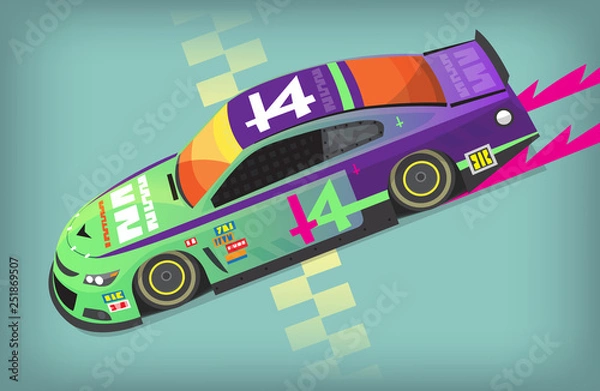 Obraz Poster with colorful fast motor racing car on a start line. Vector illustration.