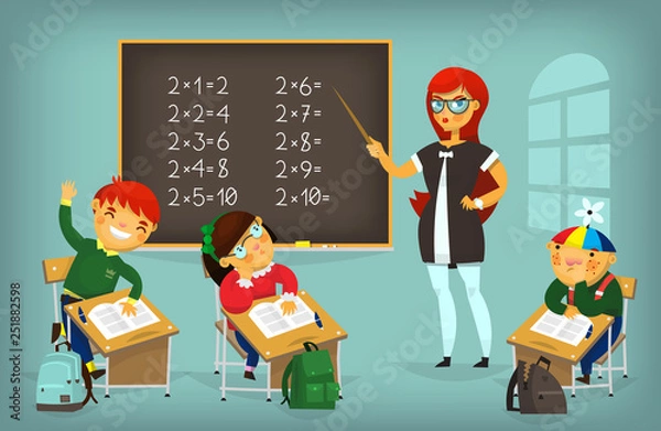 Obraz Set of children sitting at their desks and behaving differently. Elementary school lesson illustration.