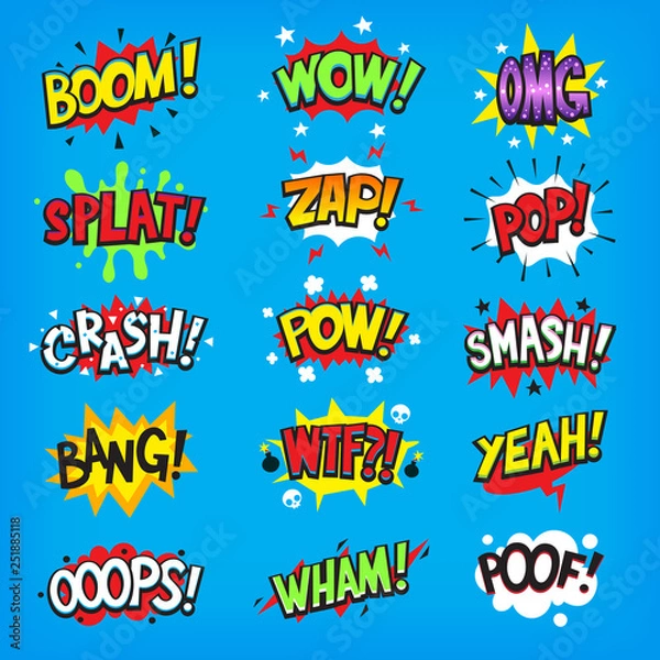 Obraz Set of colorful comic speech bubbles with sounds. Isolated vector illustrations