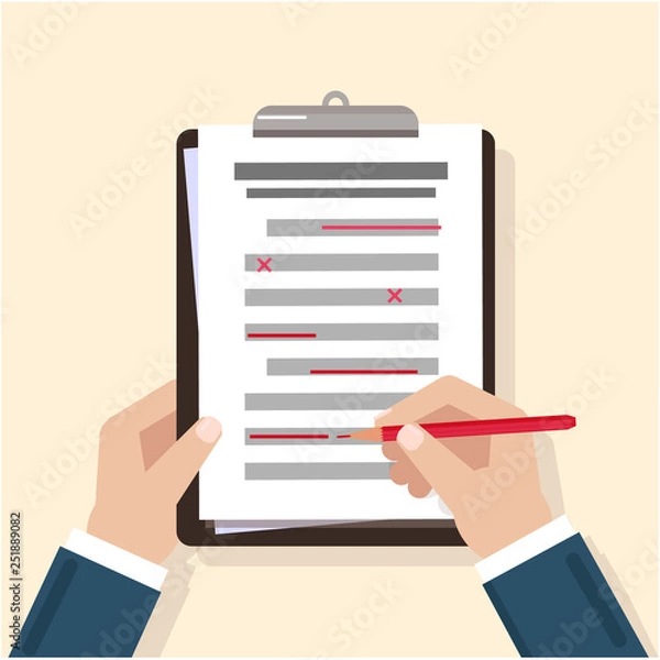 Obraz Hands on table. Filling the checklist. Additions and improvements of the article
