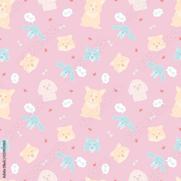 Fototapeta Dog face, funny cartoon doodle vector seamless pattern. Cute and bright illustrations of different animals on pink background. Doodle style seamless hand drawn pattern.