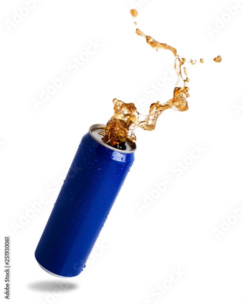Fototapeta Cola splashing out of a blue can isolated on white background.