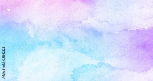 Fototapeta Fantasy smooth light pink, purple shades and blue watercolor paper textured illustration for grunge design, vintage card, templates. Pastel ink colors wet effect hand drawn canvas aquarelle background
