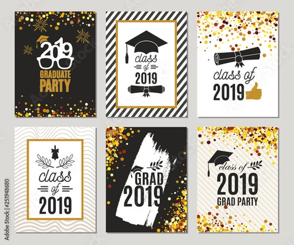 Fototapeta Graduation Class of 2019 greeting cards set of six templates in gold colors. Vector party invitations. Grad posters. All isolated and layered