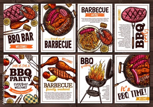 Obraz Set of vector hand drawn posters with grilled food, sausages, chicken, french fries, steaks, fish, BBQ bar and party welcome. Collection of colorful sketch cards with typographic