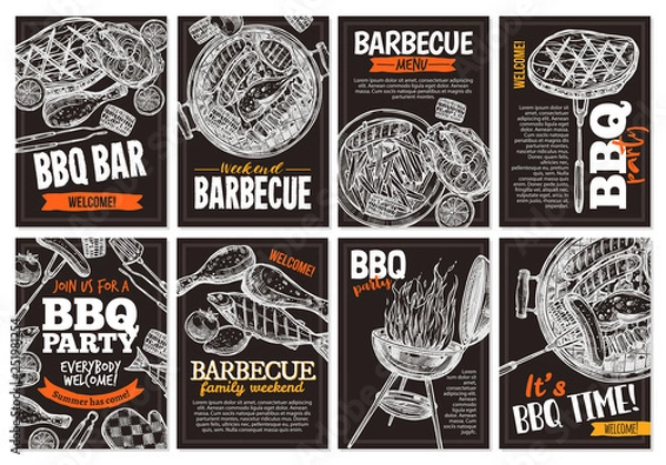 Obraz Zestaw plakatów grillowych ręcznie rysowane wektor z potrawami z grilla, kiełbasami, kurczakiem, frytkami, stekami, rybami, barem BBQ i przyjęciem powitalnym. Kolekcja modnych kart szkiców z typograficznymi na tablicy