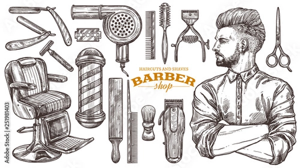 Obraz Vector collection of hand drawn barbeshop tools and accessories with hipster model man. Sketch vintage illustration of shaving and hairdresser equipments: razor, comb, scissors, barber shop pole