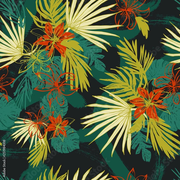 Obraz Beautiful Exotic Flowers and Leaves Pattern Vector  Illustration for Surface , Invitation , Notebook, Banner , Wrap Paper ,Textiles, Cover, Magazine ,Postcard Background ,Textile , Wallpaper, Fashion 