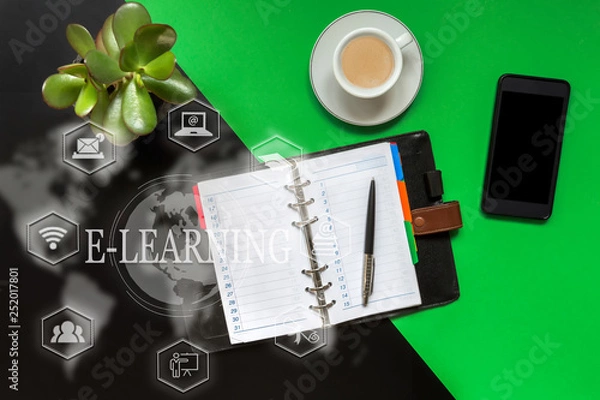 Fototapeta Black green office desk table with blank notebook, computer keyboard and other office supplies,business layout. Top view with copy space, flat lay.