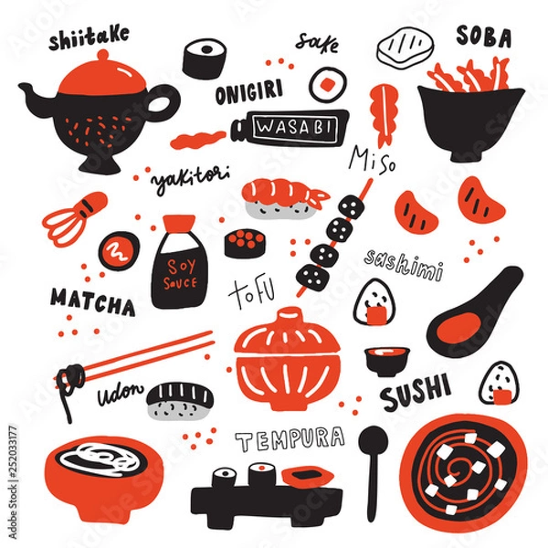 Fototapeta Set of Hand drawn japanese food and its names. Doodles. typography. Made in vector.
