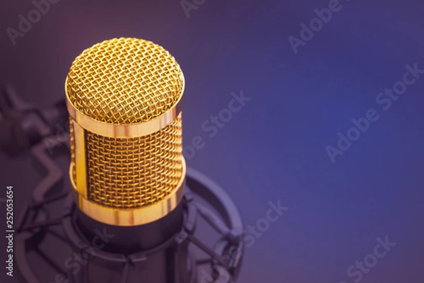 Fototapeta Close-up condenser gold microphone with luxury. Composition on the left side with free space on the right. Artistic style.