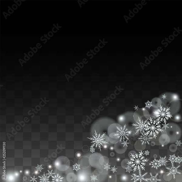 Fototapeta Christmas  Vector Background with White Falling Snowflakes Isolated on Transparent Background. Realistic Snow Sparkle Pattern. Snowfall Overlay Print. Winter Sky. Design for Party Invitation.