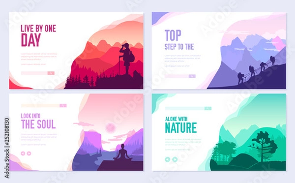Fototapeta Sport rest day vector brochure cards set.  Tourism on nature template of flyer, web banner, ui header, enter site. Invitation concept background. Layout illustration modern slider page