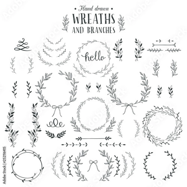 Fototapeta Collection of hand drawn laurels, wreaths and branches. 