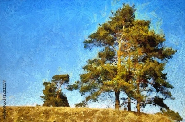 Obraz Village outdoor landscape. Nature motif. Large size watercolor and oil painting pictorial art. Modern drawing fine artwork. Creative artistic print for canvas or textile. Wallpaper, poster or postcard