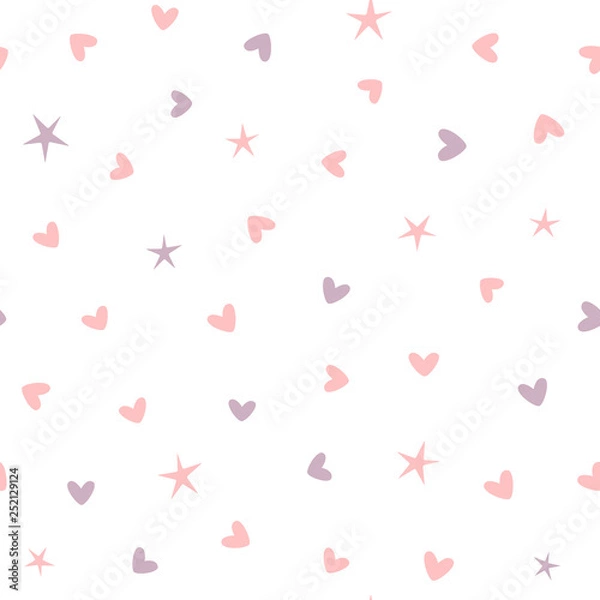Obraz Repeating hearts and stars. Cute seamless pattern. White, pink, purple.