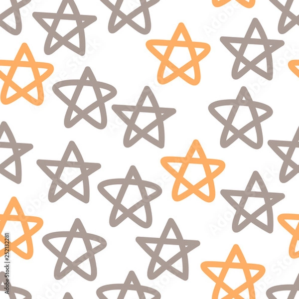 Fototapeta Abstract cute seamless pattern with colorful chaotic small orange, beige stars on white. Infinity messy confetti geometric pattern. Vector illustration.