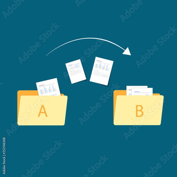 Obraz File transfer / Data Transfer Document, illustration transfer data/ copy file / sync 
 data / sharing file. illustration two folders on screen and transferred documents.