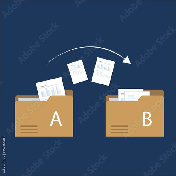Fototapeta File transfer / Data Transfer Document, illustration transfer data/ copy file / sync 
 data / sharing file. illustration two folders on screen and transferred documents.