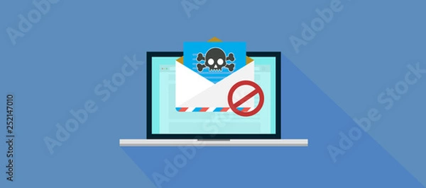 Obraz envelope with document, spam alert and skull icon. Virus, malware, email fraud, e-mail spam, phishing scam, hacker attack concept. Trendy flat design graphic with long shadow. 