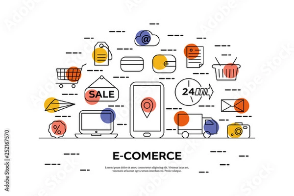 Fototapeta E-comerce concept in thin line style with different icons and colorful spots.