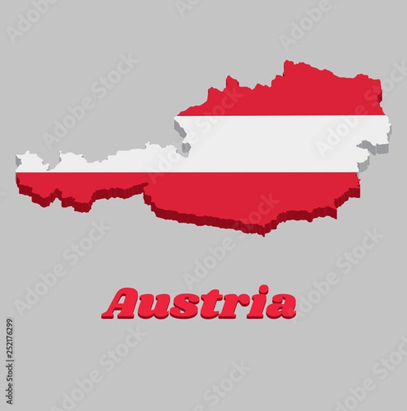Fototapeta 3D Map outline and flag of Austria, a horizontal triband of red (top and bottom) and white.