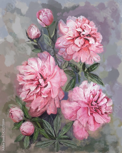 Obraz Collection of designer oil paintings. Decoration for the interior. Modern abstract art on canvas. Painting with pink peonies.