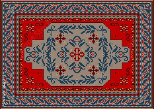 Fototapeta Vintage luxury carpet of red, gray and blue shades with a central ornament of curved branches with leaves