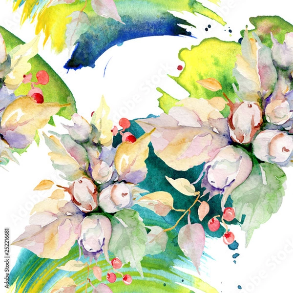 Obraz Bouquet of autumn forest fruits. Watercolor background illustration set. Seamless background pattern.