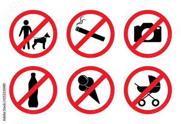 Fototapeta Prohibition signs. With a dog is impossible. No smoking. You can not take pictures. With alcohol is impossible. With ice cream is impossible. With the stroller can not. 