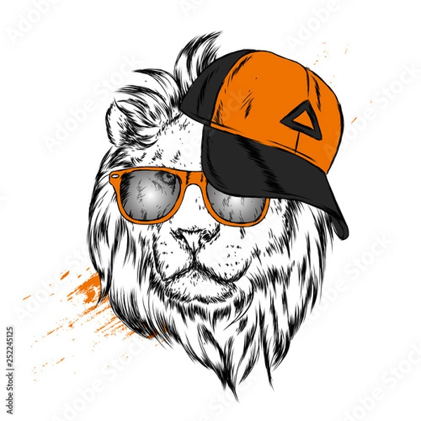 Obraz Beautiful lion in a cap and glasses. Predator. Vector illustration for postcard or poster, print for clothes or backpack. 
