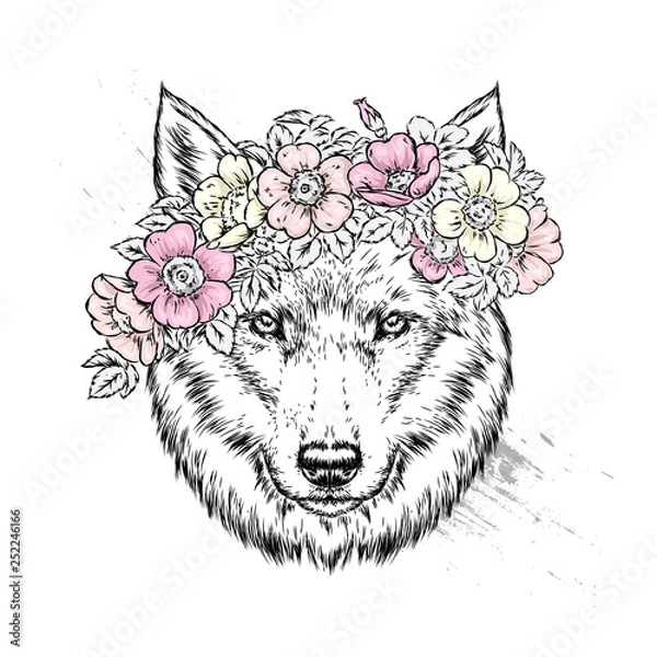 Obraz A beautiful wolf or dog in a wreath of wild rose. Vector illustration for postcard or poster, print for clothes. Spring and summer, a bouquet of flowers. Vintage and retro. Hipster