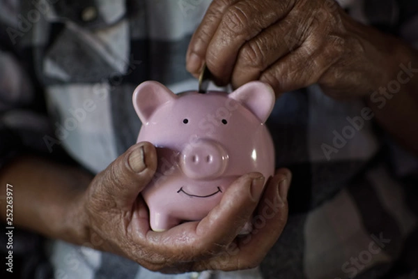 Obraz Old hand holding coin dropping to pink piggy bank ,saving and protecting money concept.color of retro style.