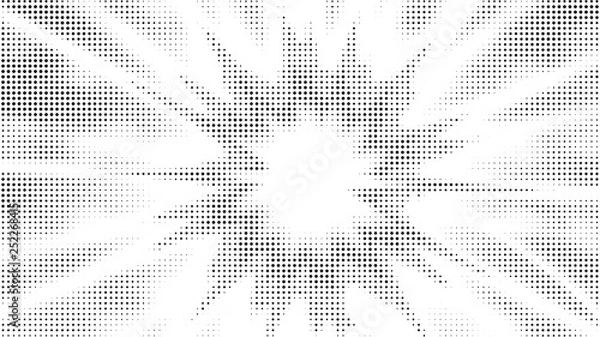 Obraz Halftone gradient explosion pattern. Abstract halftone vector dots background. Fireworks dots pattern. Pop Art, Comic small dots. Star rays halftone poster. Shine, sun rays. Outer space, sunrise rays
