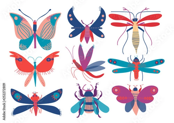 Fototapeta Colorful Cute Insects Set, Butterfly, Beetle, Bug, Mosquito, Moth, Dragonfly, Top View Vector Illustration