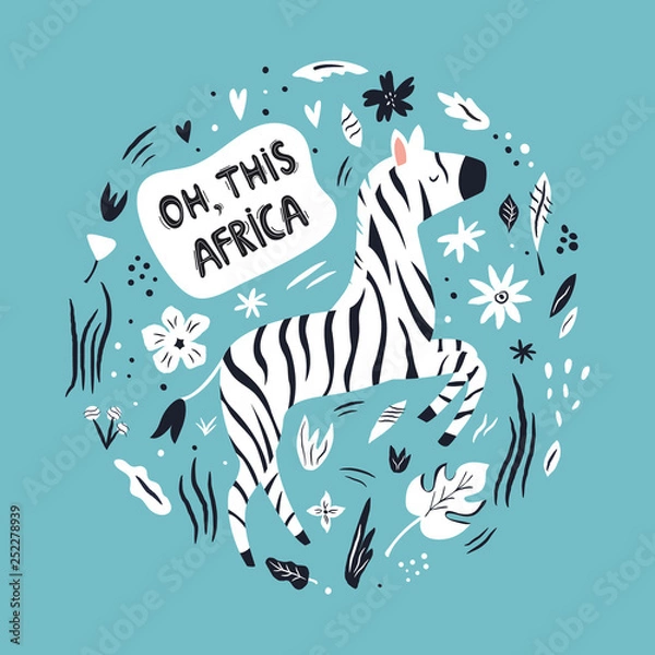 Fototapeta Cute hand drawn zebra character with decoration