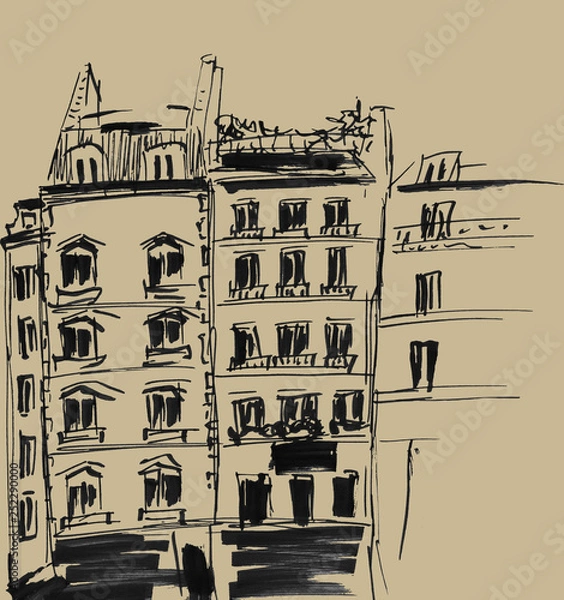 Fototapeta Ink sketch of buildings. Hand drawn illustration of Houses in the European Old town. Travel artwork. Black line drawing isolated on brown background.