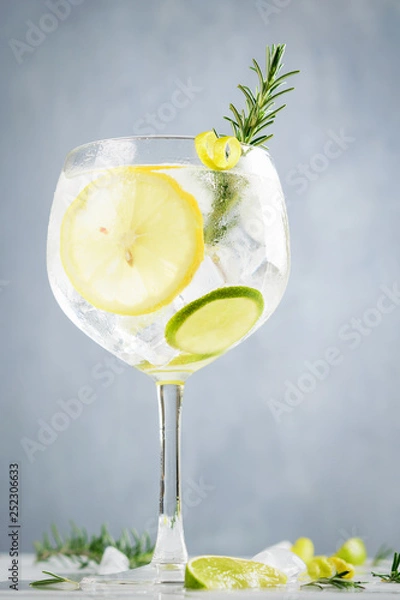 Obraz Alcohol drink, gin tonic cocktail, with lemon, lime, rosemary and ice on light background, copy space. Iced drink.