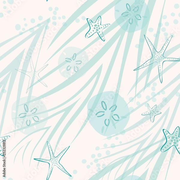 Fototapeta Ocean floor seamless beach pattern with sea stars, sand dollars and grasses. Beautiful subtle repeating design, perfect for backgrounds of wedding invitations, resort and spa cards and textiles.